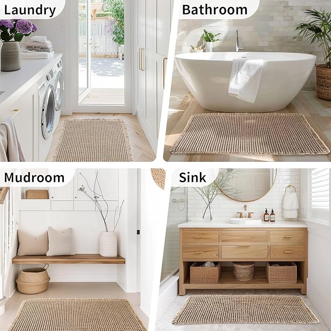 Waffle Runner Bath Mat - Long Boho Bathroom Rugs Non Slip Washable, Super Absorbent & Quick Dry, Soft Bath Mat Farmhouse Bathroom Decor, 24'' x 72'', Khaki