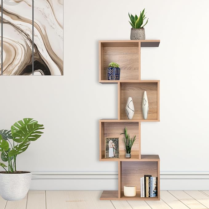 Bookcase, Bookshelf, Freestanding Display Storage Shelves Open Bookcase for Bedroom, Small Bookshelf for Living Room and Office (Natural, S-Shaped)