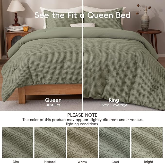 PHF Ultra Soft Waffle Weave Comforter Set Queen Size, 3 Pieces Lightweight Breathable Comfy Bedding Set, Comfy Textured 1 Comforter with 2 Pillow Shams, Dusty Sage