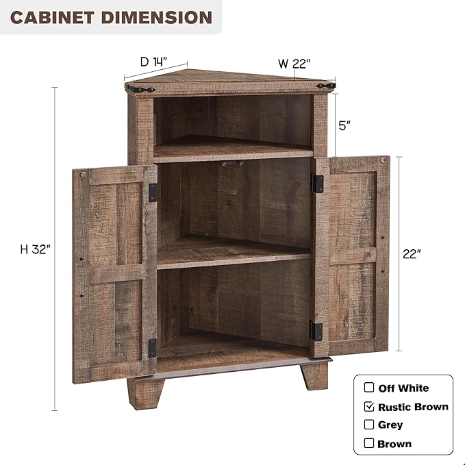 ACCOHOHO Corner Bathroom Cabinet, Farmhouse Small Corner Cabinet with Barn Door & Adjustable Shelf, Storage Cabinets for Bathroom, Kitchen, Living Room, Rustic Brown