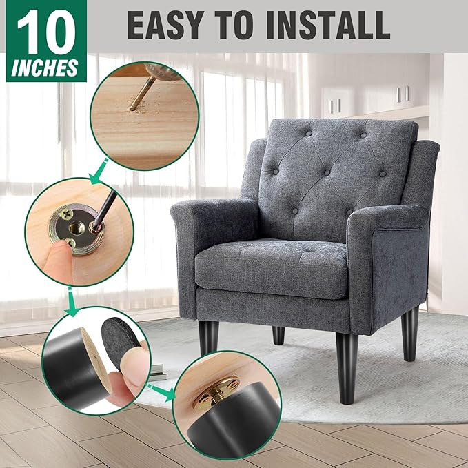 FoDau770 Black Rubber Wood Furniture Legs 10 Inches, Straight Tapered Wood Feet Mid Century Sofa Legs Set of 4, 5/16" UNC Furniture Feet for Cabinet Couch Dresser Chair Ottoman Table