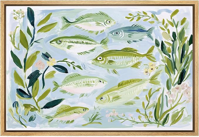 MUDECOR Framed Canvas Print Wall Art Freshwater Fish and Botanical Nature Illustrations Minimalism Decorative Bohemian Colorful Zen for Living Room, Bedroom, Office - 24"x36" NATURAL