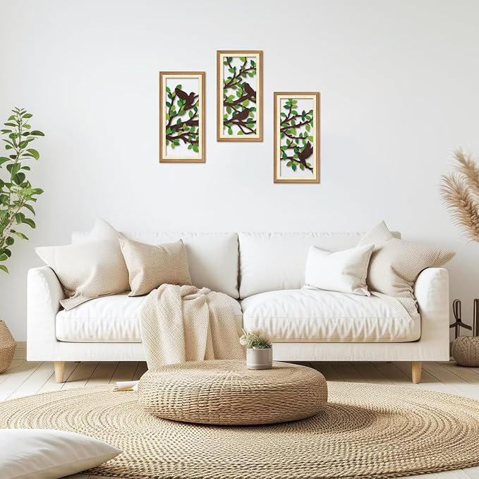 IARTTOP 3 Pcs Nature Silhouette Wall Art Set Green Leaf Botanical Wall Decor Bird on Branch Art Prints Rustic Farmhouse Wood-Look Art Decor for Living Room Bedroom Office 8x16 Inch