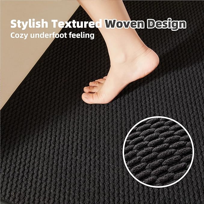 Black Bathroom Rugs Non Slip Washable, Super Absorbent Thin Bath Mat Quick Dry Low Pile Bathroom Rug, Black 20''x48''