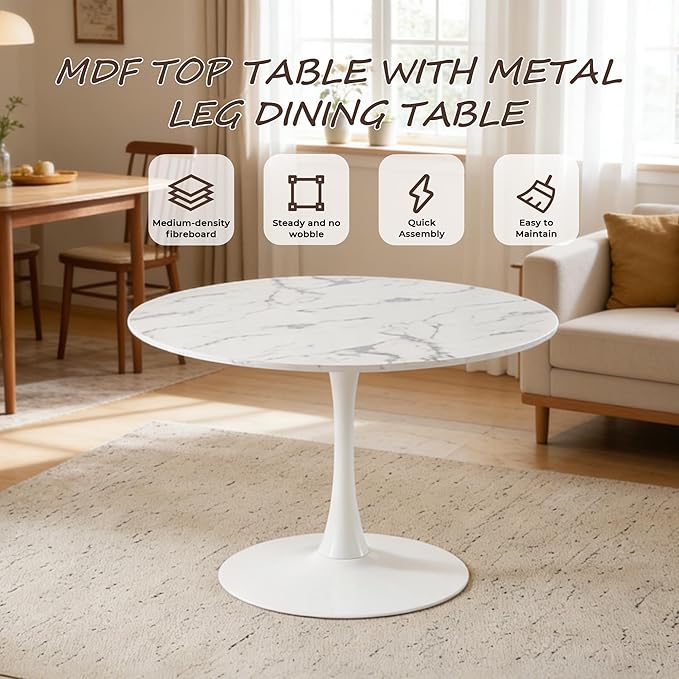 KEIKI 42.1" Round Dining Table, Mid Century Modern Bistro Table with Thickened MDF Tabletop & Metal Pedestal, for 4-6 People, Small Places, Cafe, Kitchen, Living Room, Faux Marble White