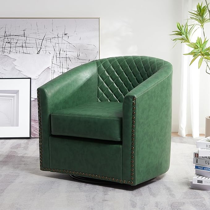 KINWELL 29" Wide Tufted Faux Leather Swivel Barrel Chair, PU Leather Modern Upholstered Accent Chairs with Nailhead Trim, Small Armchair for Living Room Bedroom, Green