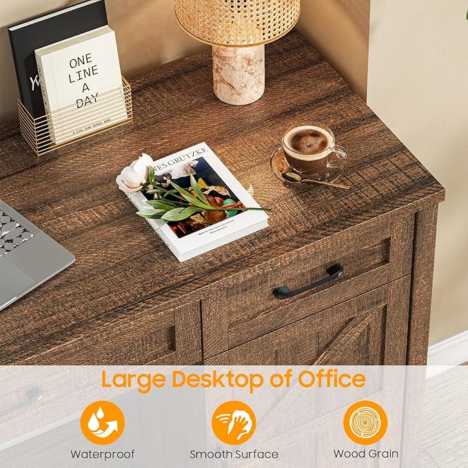 Vabches Farmhouse 61'' Executive Desk with 5 Drawers, Rustic Office Desk Computer Desk with Charging Station, File Drawers and Storage Cabinet, Wood Workstation for Study and Home Office, Red-Brown.