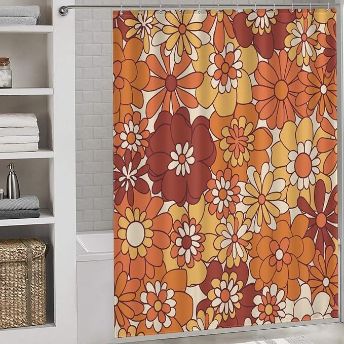 Groovy Floral Shower Curtain for Bathroom,Rustic Vintage Hippie Orange 70s Daisy Floral Flower Funky Trippy Cute Boho Waterproof Fabric Shower Curtain Set with Hooks, 72"x78"