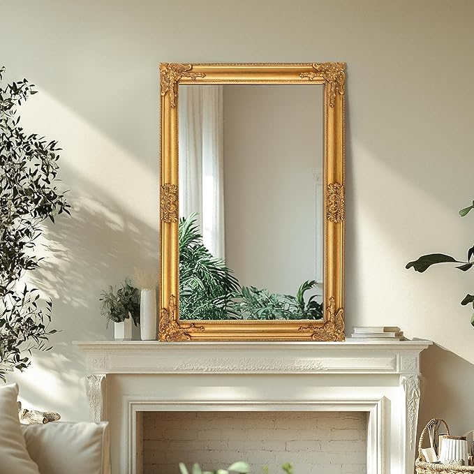 24"x36" Vintage Gold Baroque Wall Mirror, Ornate Antique Style Decorative Mirror for Entryway, Living Room, Fireplace Mantel, Hallway