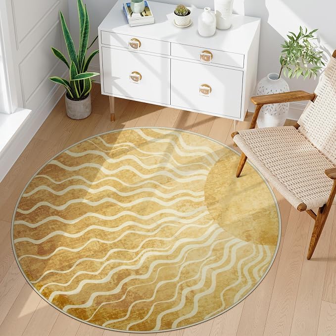 Wonnitar Sun Round Rug 4ft, Boho Soft Circle Rug for Kids Playroom Nursery, Gradient Yellow Washable Round Carpet for Bedroom Non-Slip Circle Carpet for Living Room Classroom