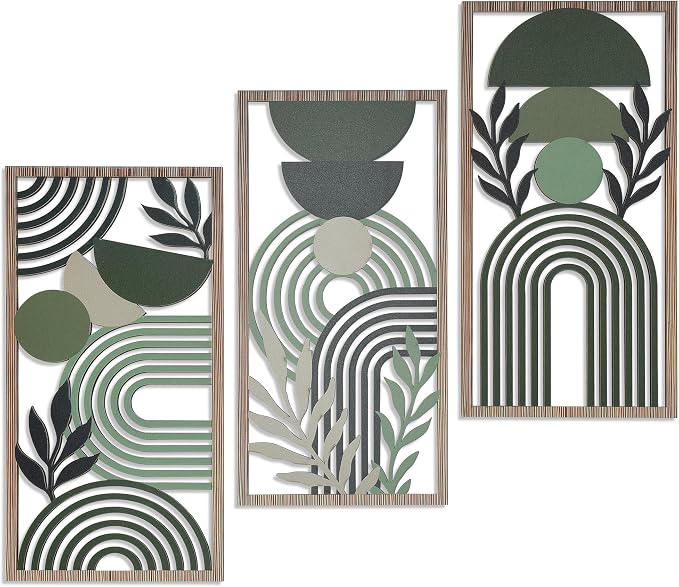Modern Geometric Wood Wall Art Set of 3, Boho Abstract Mid Century Wall Decor Panels, Green and Black Hanging Decoration for Living Room Bedroom Bathroom Home Office (Modern Minimalist - 11.8 x 5.9 inch)