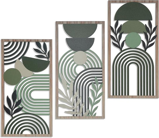 Modern Geometric Wood Wall Art Set of 3, Boho Abstract Mid Century Wall Decor Panels, Green and Black Hanging Decoration for Living Room Bedroom Bathroom Home Office (Modern Minimalist - 11.8 x 5.9 inch)