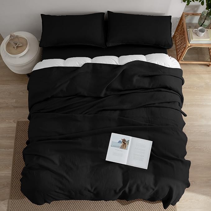 EVERLY Linen Sheets Set King Size,100% French Stonewash Pure Linen Bed Sheets,4Pieces (1Flat Sheet,1Fitted Sheet,2Pillowcase) Suitable for Hot Sleepers,Deep Pocket Natural Bedding Set-Black
