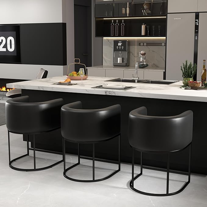 PU Leather Bar Stools Set of 4, Modern Upholstered Counter Height Bar stools 24" Leather Barstools Barrel Kitchen Counter Island Stools with Black Metal Base, Black