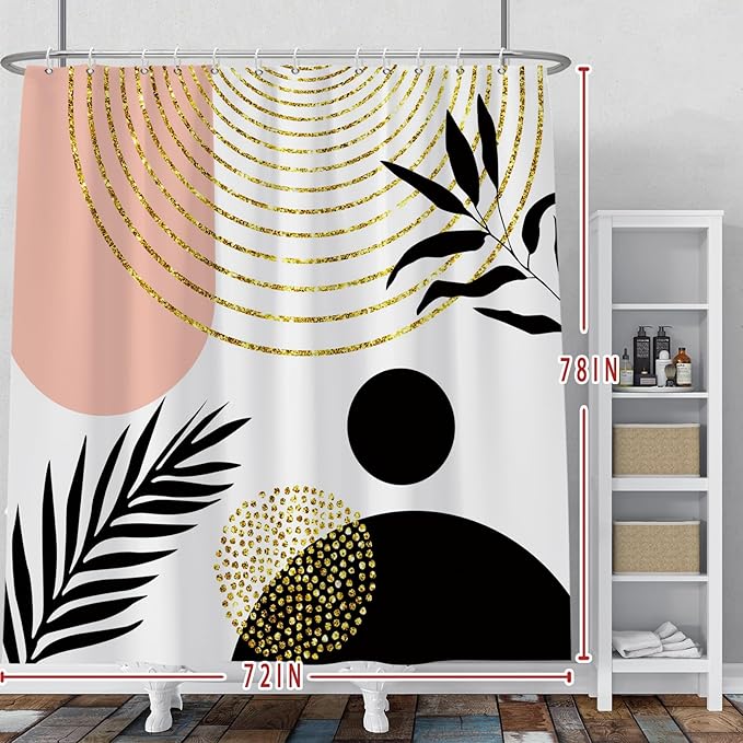 Baocicco Mid Century Shower Curtain Boho Sun Plant Leaves Modern Abstract Gold Geometric Shower Curtains for Bathroom Bathtubs Waterproof Fabric Shower Curtain with Hooks 72x78 Inches