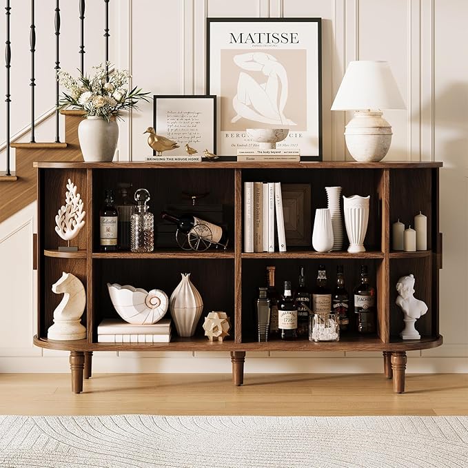 Sideboard Buffet Cabinet with Storage - Accent Kitchen Credenza Console Table with Sliding Door & Adjustable Shelf, Fluted Coffee Bar Sideboards for Living Room, Dining Room, Entryway, Walnut