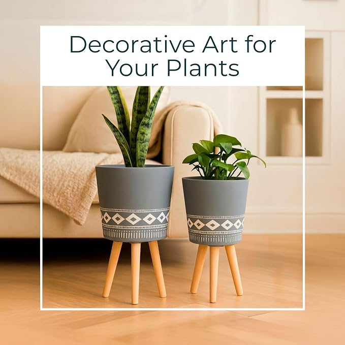 Set of 2 Resin Planters with Stands – Plant Stand Indoor Display, Outdoor Decor – Living Room Or Patio Placement – Mid–Century Style Plant Stand Home Decor – 12" & 10", Gray