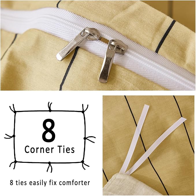 Merryword Yellow Striped Duvet Cover Set King Size, Natural Cotton Bedding Set with Zipper Closure & 8 Corner Ties, Soft Breathable Luxury Linen Like Bedding for All Seasons