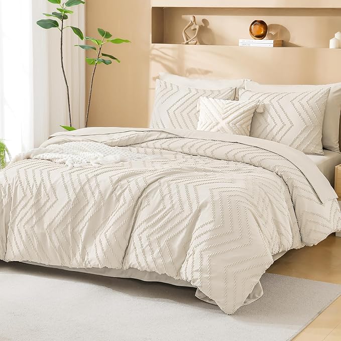 Litanika Beige Queen Size Comforter Set with Sheets - 7 Pieces Bed in a Bag Queen Boho Tufted Complete Bedding Sets with Comforter, Sheets, Pillowcases & Shams