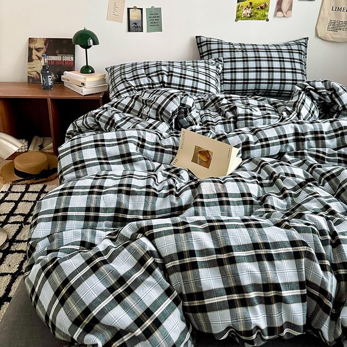 mixinni Vintage Grey & Pale Blue Buffalo Plaid Duvet Cover Set Full Size - 3 Piece Washed Cotton Bedding Set with Grid Pattern, Soft & Breathable Duvet Cover with Pillowcases for Boys, Men& Women