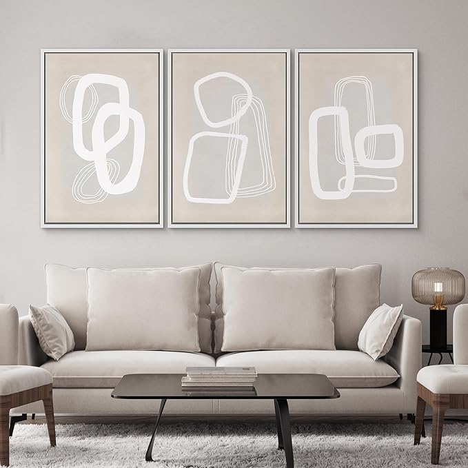 SIGNWIN Framed Canvas Print Wall Art Set Mid-Century Geometric Polygon Variety Abstract Shapes Cozy Neutral Decorative Contemporary Minimal for Living Room, Bedroom, Office - 24"x36"x3 White