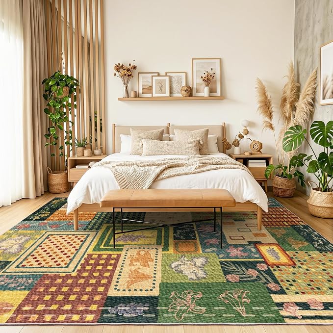 Flowers Patchwork Abstract 9x12 Area Rug, Colorful Soft Faux Wool Geometric Rugs for Living Room, Non Slip Low Pile Washable Indoor Carpet Rug for Bedroom, Entryway, Dining Room, Home Office Decor