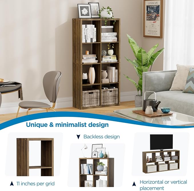 8 Cube Storage Organizer, Cube Shelf with Heavy-Duty Thick Boards, 25.12" L x 9.37" W x 48.74" H, Smooth Easy-Clean Panels, Simple Assembly, for Living Room Bedroom Office, Brown