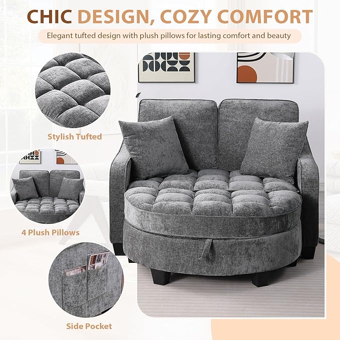Oversized Curved Chaise Lounge Chair Indoor with Ottoman, 54.8" Cloud Boneless Reading Chair Soft Chenille Circle Couch w/Adjustable Backrest for Living Room, Apartroom, Bedroom, Grey