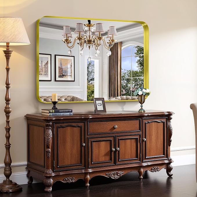 CIRCUMI Gold Bathroom Mirror, 36"x50" Rectangular Mirror with Deep Metal Frame, Rounded Corner, Tempered Glass, Large Mirror for Wall, Over 2 Sinks, Installed Vertically/Horizontally, Crystal-Clear