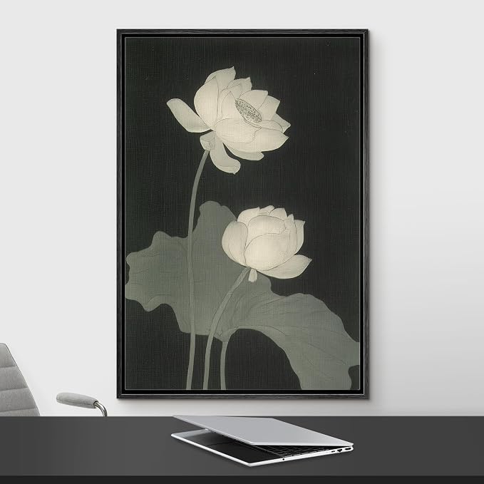 Woodrose Framed Canvas Print Wall Art Monochrome Lotus Blossoms Elegant Nature Illustrations Modern Art Minimalist 3D Colorful Ultra for Living Room, Bedroom, Office - 16"x24" BLACK