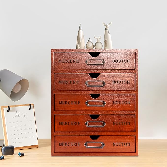 Vintage Wooden Drawers Organizer, 16-Drawer Desktop Storage Box With Drawers, Iron Label Holders, Apothecary Cabinet For Countertop Tea Coffee Pod Storage(5-Drawer/Brown)