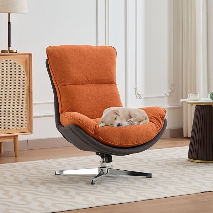 LukeAlon Modern Linen Swivel Lounge Chair, Upholstered High Back Accent Chair with Metal Base Comfy Recliner Chair Leisure Single Sofa Chair for Living Room Office, Orange