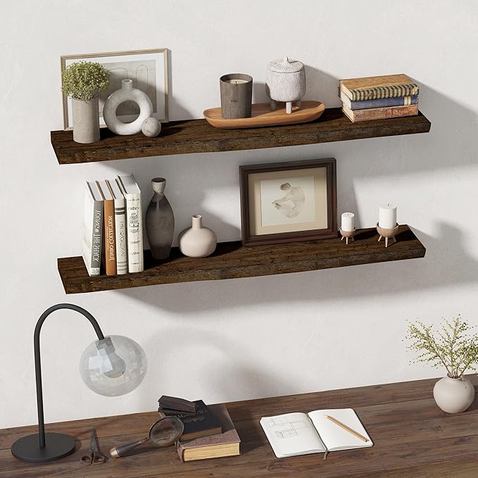 Rustic Wood Floating Shelves for Wall Decor, Reclaimed Elm Wood Live Edge Shelves 48 Inch Long, 8 Inch Deep Floating Shelf for Living Room Bathroom Bedroom, 48 x 8 Wall Shelves Set of 1, Walnut Color