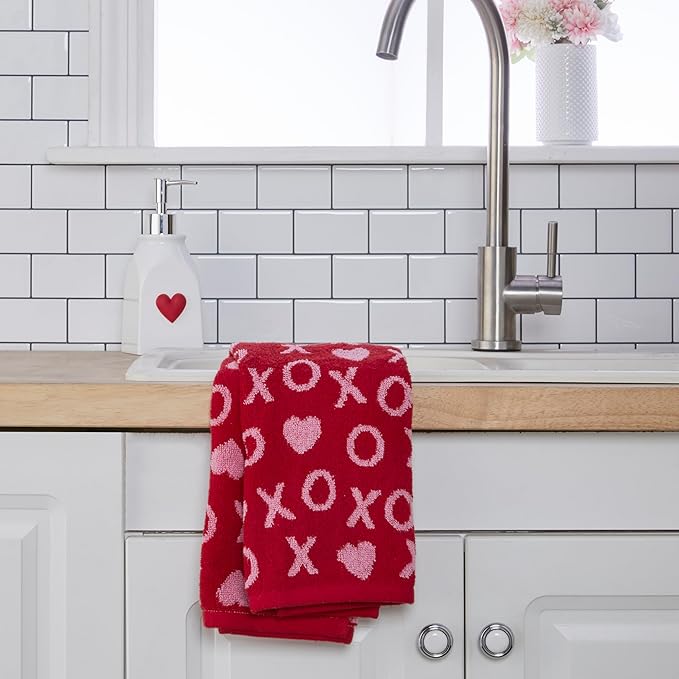 SKL Home Valentines Day Xs and Os Jacquard 100% Cotton Reversible 2pc Hand Towel Set, Decorative for Bath/Kitchen/Bar & Gift, Red