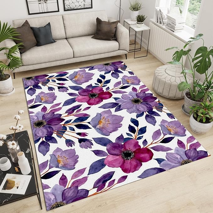 4x6 Area Rug Retro Purple Rose Outdoor Indoor Washable Carpet, White Purple Flowers Art Decorative Rug with Anti-Slip Backing Large Area Rugs for Bedroom Living Room Dining Room Office