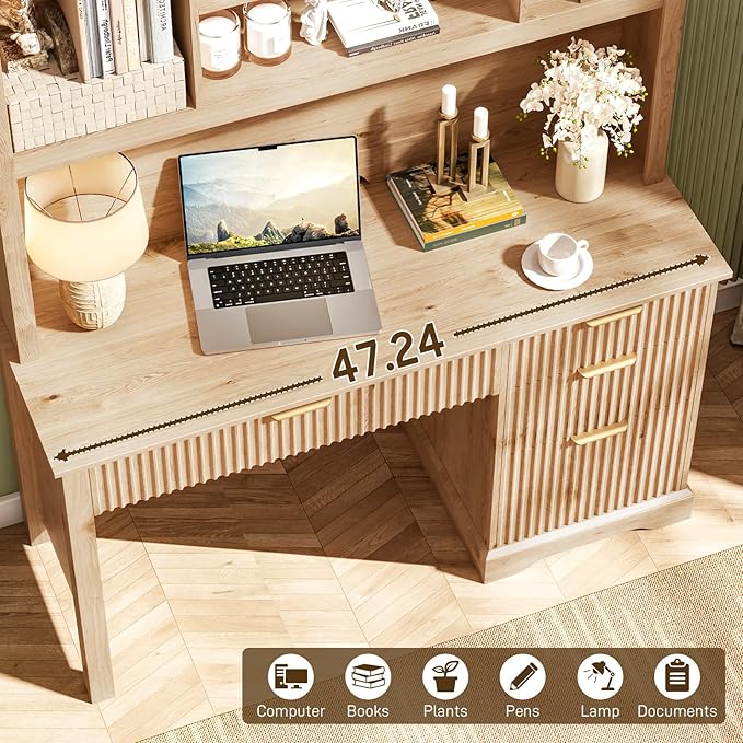 Vabches Fluted Executive Desk with Drawers, Wood Computer Desk with Ample File Drawer, Home Office Desk with Hutch for Study, Bedroom, Living Room, Oak