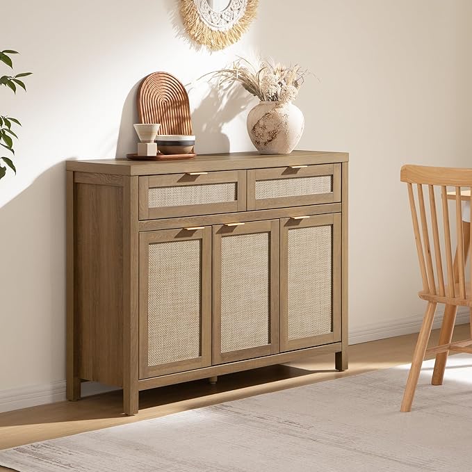 SICOTAS Rattan Sideboard Buffet Cabinet with Storage, Boho Credenza Accent Cabinet with 3 Doors and 2 Drawers, Farmhouse Console Coffee Bar for Kitchen Living Room Entryway, Caramel Oak, 2 PCS
