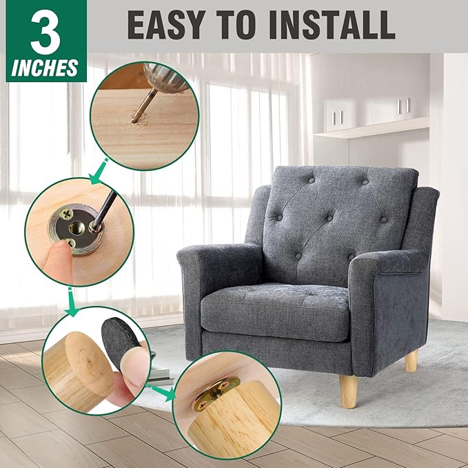 FoDau770 Rubber Wood Furniture Legs 3 Inches, Straight Tapered Wood Feet Mid Century Sofa Legs Set of 4, 5/16" UNC Furniture Feet Replacement Parts for Cabinet Couch Dresser Chair Ottoman Table