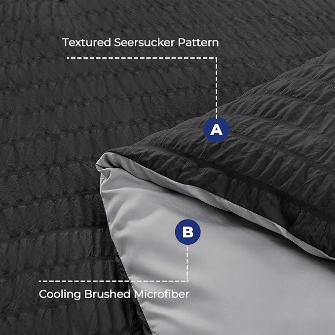 HYMOKEGE Black/Light Grey Twin XL Comforter Set Seersucker 5 Pieces, All Season Luxury Bed in a Bag for Bedroom, Bedding Set with Comforter, Sheets, Pillowcase & Sham