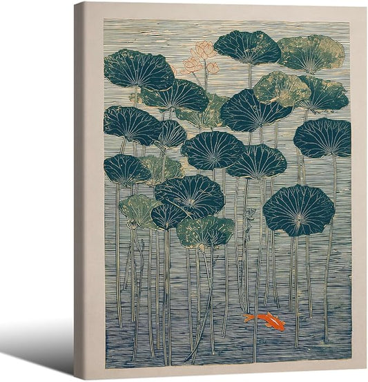 Wrapped Framed Lotus And Koi Canvas Poster Japanese Floral Botanical Pond Wall Art Retro Oriental Asian Prints Decor for Bedroom Zen Meditation Room Home 08x10 inch