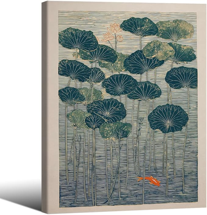 Wrapped Framed Lotus And Koi Canvas Poster Japanese Floral Botanical Pond Wall Art Retro Oriental Asian Prints Decor for Bedroom Zen Meditation Room Home 16x20 inch