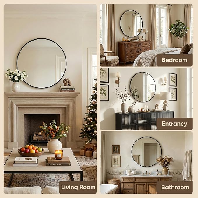 Antok 36 Inch Round Mirror for Wall, Round Bathroom Mirror, Circle Wall Mirrors with Black Metal Frame, Circle Mirrors Suitable for Wall, Bathroom, Vanity, Living Room, Entryway