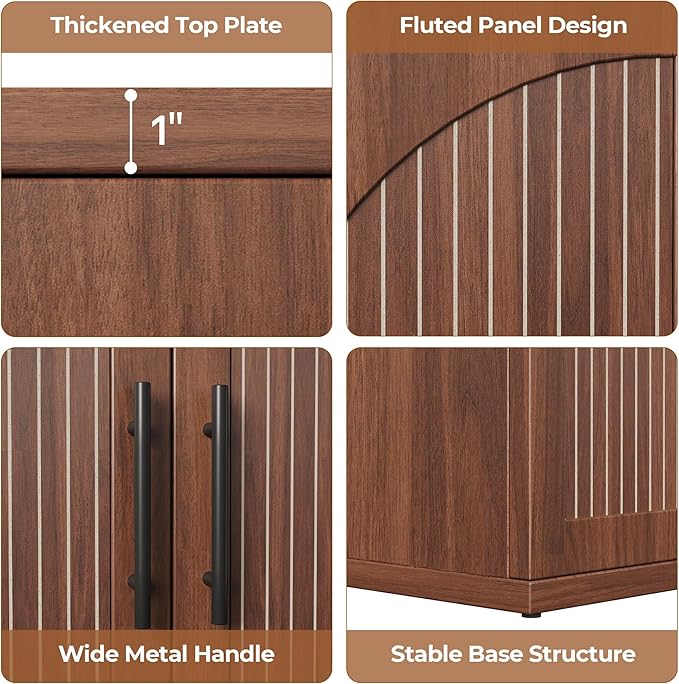 63" Fluted Buffet Cabinet with Storage, Mid-Century Symmetrical Arched Sideboard Credenza with Adjustable Shelf, Large Wood Console Table for Dining Room, Kitchen, and Living Room (Walnut)