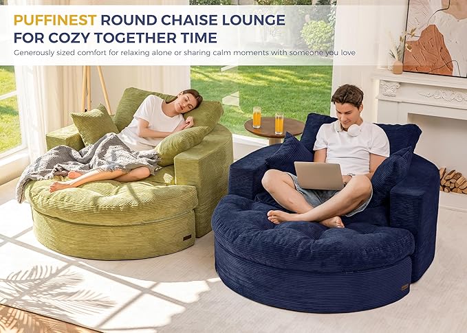 MAXYOYO Oversized Round Chaise Lounge Sofa, Upholstered Lounge Chair with 3 Pillows, Boneless Sofa Couch with Ottoman, Deep Seat Chair for Living Room, Bedroom, No Assembly, Navy