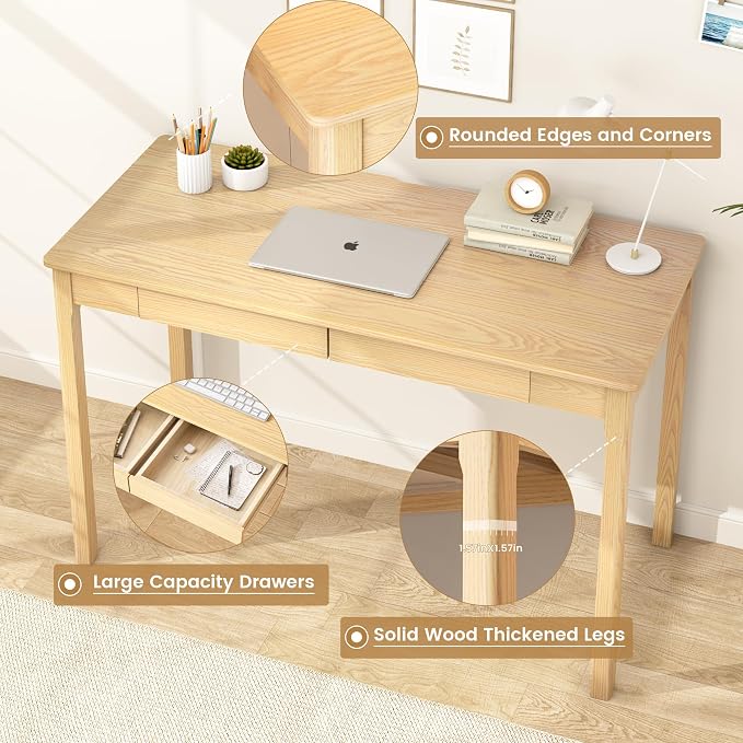 Solid Wood Writing Desk with Drawers, Small Computer Desk Table, Mid Century Modern Desks, Study Home Office Desks for Work, Small Wooden Dining Table for Bedroom, Natural