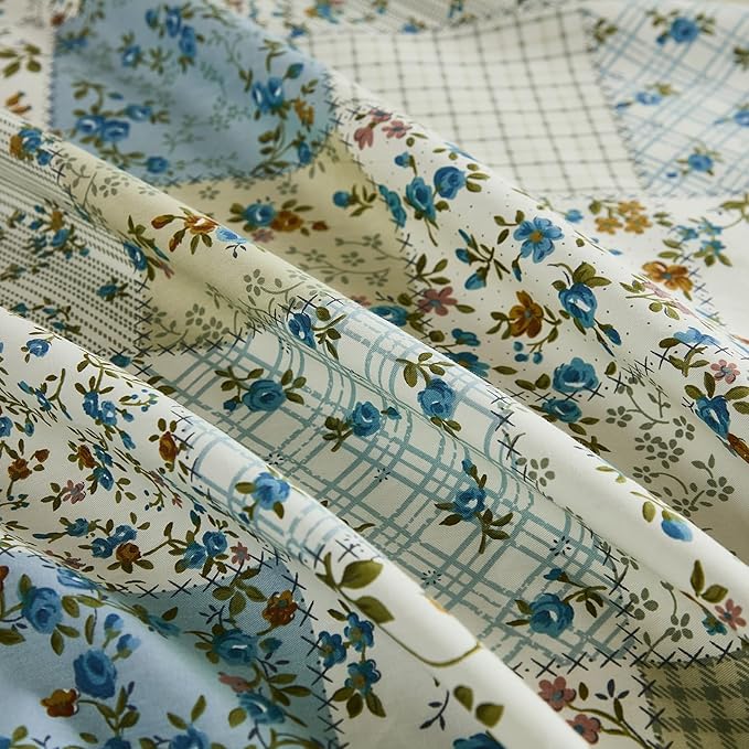 Blue Floral Duvet Cover Set Twin Size 100% Cotton Botanical Patchwork Vintage Bedding Quilt Cover All Season 2 Pieces Soft Lightweight Comforter Cover