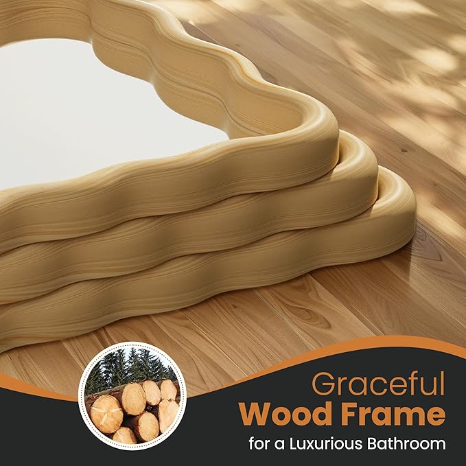 TRAHOME 24x36 Wavy Wood Bathroom Vanity Mirror, Boho Wall Mirror with Natural Wood Frame for Over Sink, Entryway, Bedroom