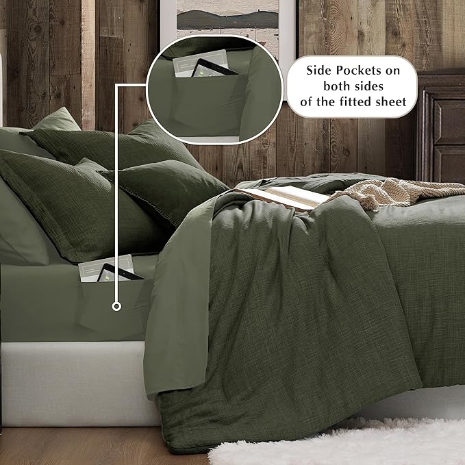 Geniospin Oversized King Comforter Set - 7 Pieces Comforter Oversized King, Soft Solid Bedding Set for All Season, Textured Bed in a Bag with Sheets, Pillowcases & Shams (Dark Green, 120''x98'')