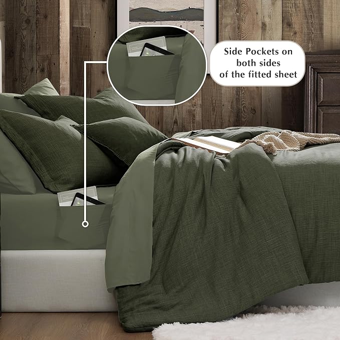 Geniospin King Size Comforter Set- 7 Piece Dark Green Textured King Bedding Set, Soft Solid Bed in a Bag for All Season, King Comforter Set with Sheets(Dark Green,102''x90'')