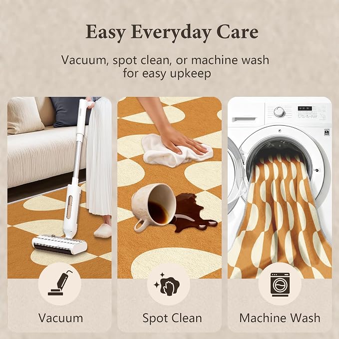 Caramel Dot Wave Area Rug 4 x 6 ft, Mid-Century Modern Geometric Rug, Brown Cream Abstract Washable Rug, Soft Low Pile Non-Slip Carpet for Living Room Bedroom Dining Room